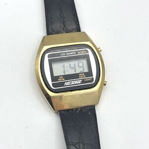 Vintage Nelsonic LCD Quartz Digital Watch Gold Tone Black Strap MZ Berger